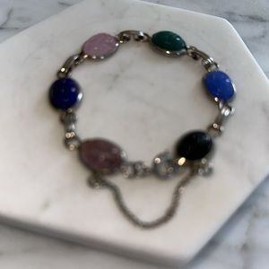 Vtg silver Egyptian beetle scarab bracelet genuine stones safety chain CORO